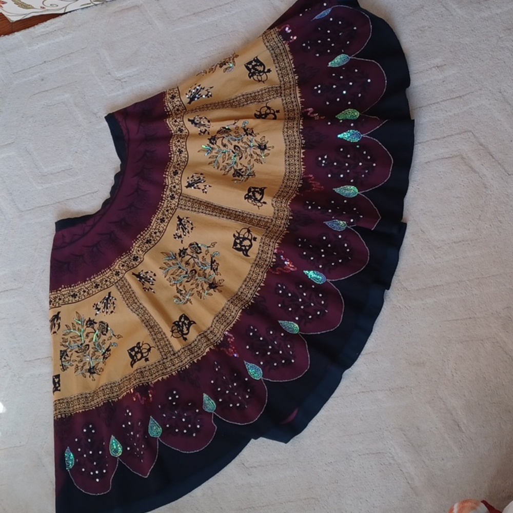 Kaktus Maroon,Black,Gold Ethnic Cotton Printed and Sequined Circle Skirt WM-L